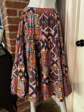 Handmade Boho Aztec Print Tiered Midi Skirt Colorful Southwestern Festival Skirt